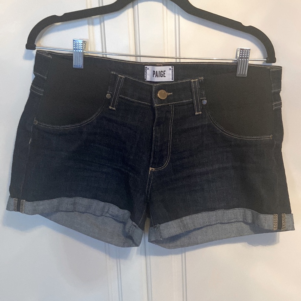 PAIGE Dark Wash Rolled Hem Denim Shorts